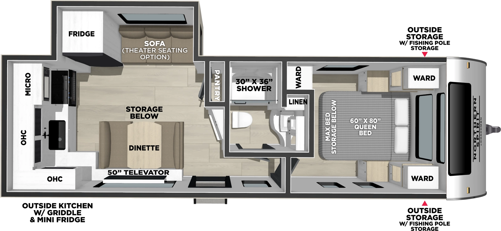 The Northern Spirit 2560RK floorplan has one entry and one slide out. Exterior features include: fiberglass exterior, 20' awning and outside kitchen. Interiors features include: rear kitchen and front bedroom.